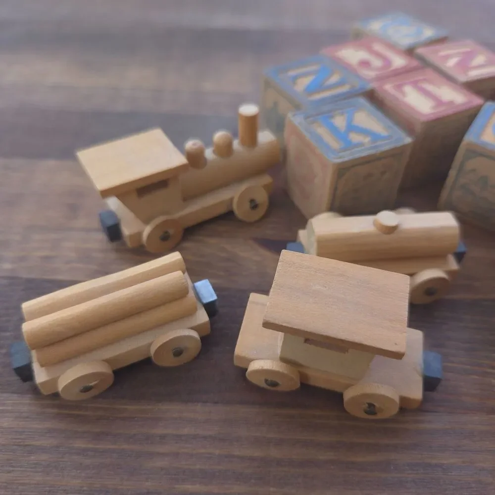 Vintage Wooden Alphabet Blocks & Train Set 20 Pc Learning Toy Nursery Decor